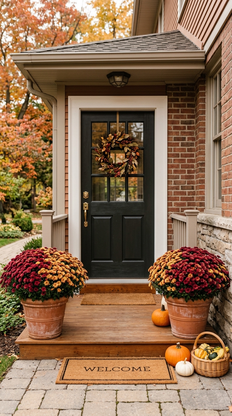 Burgundy and gold mums in planters framing a front door for fall porch decor.