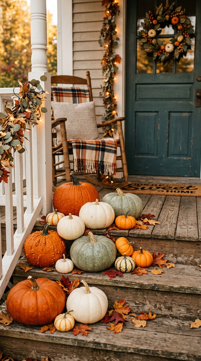 Fall front porch decor idea with layered pumpkins in orange, white, and green sizes on wooden steps.