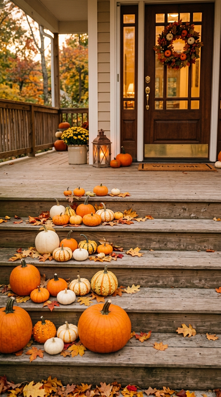 Pumpkins and mini gourds lined along porch steps for fall front porch decor.