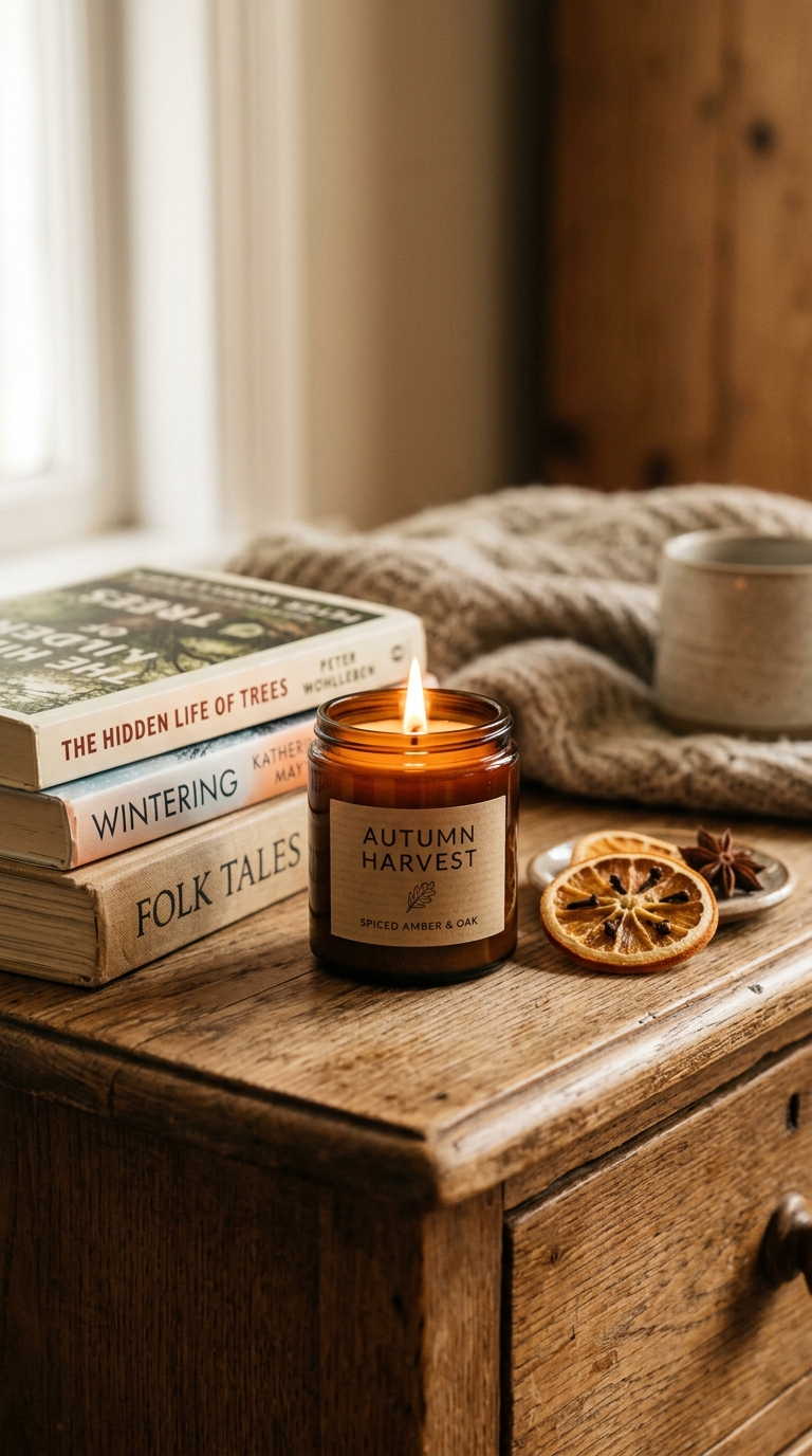 Amber candle styled with books for subtle fall bedroom scent