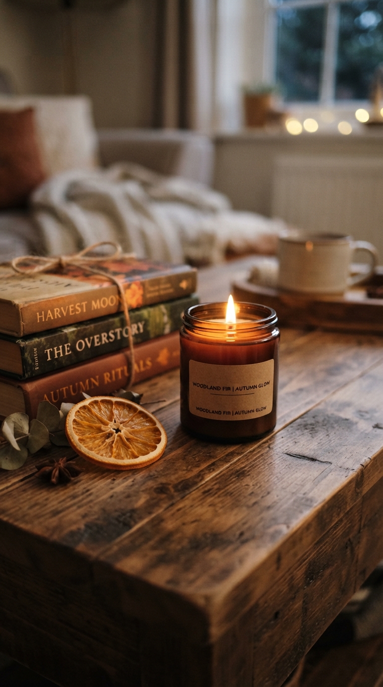 Amber candle styled with books for a subtle fall living room scent