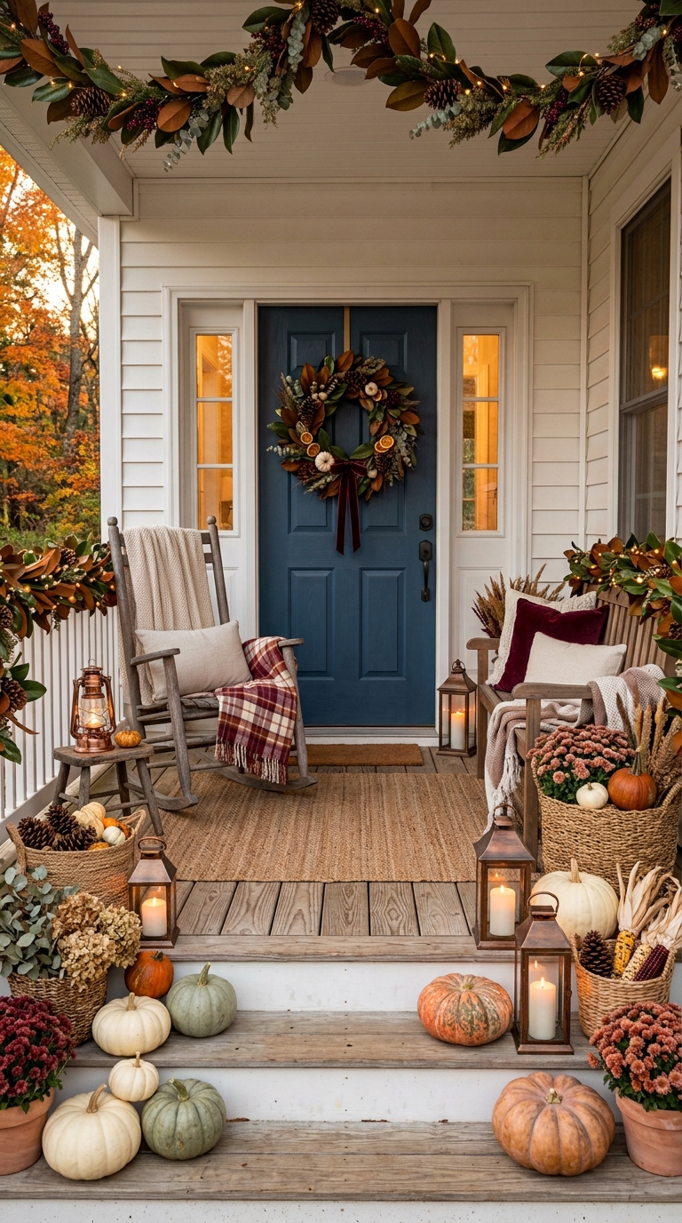 Farmhouse porch decor transitioning from fall into Thanksgiving styling