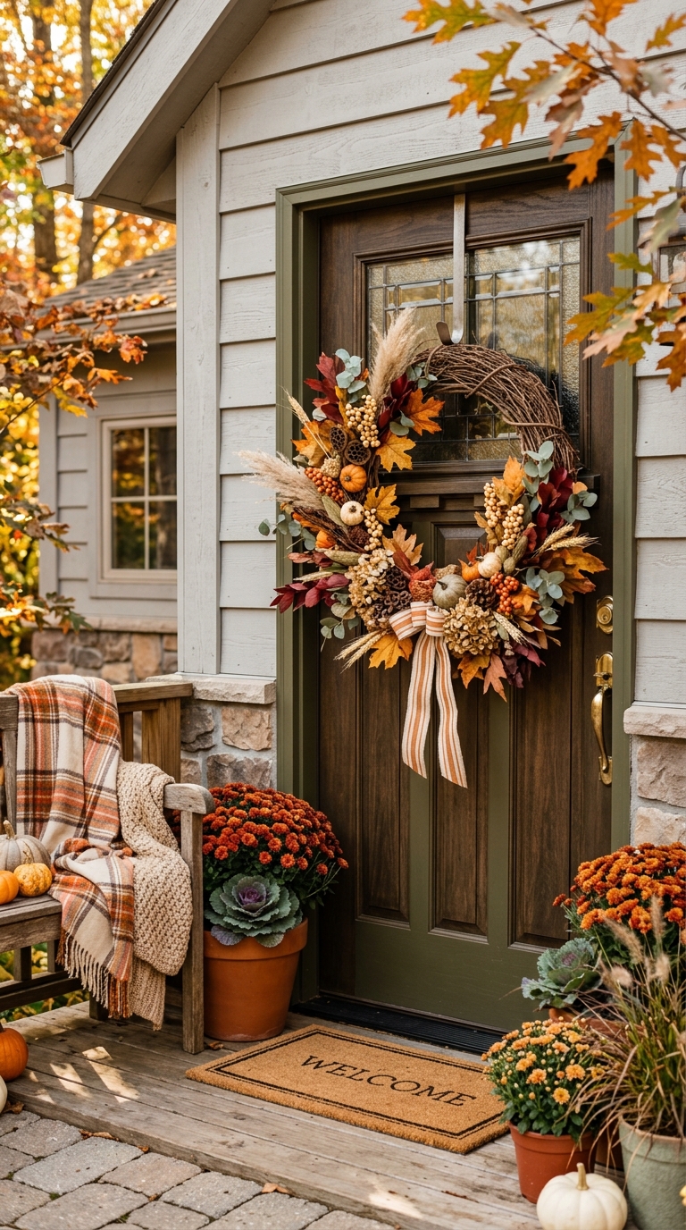 Fall wreath styled on a small front porch door for autumn curb appeal.