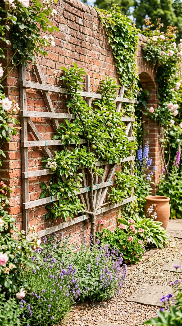 Fan trellis for espaliered fruit tree against a sunny wall