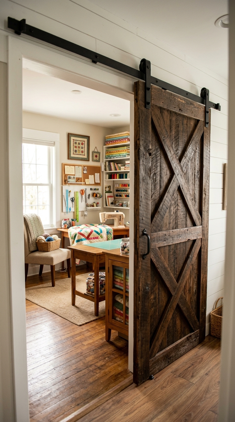 Farmhouse sliding barn door accent in cozy sewing room