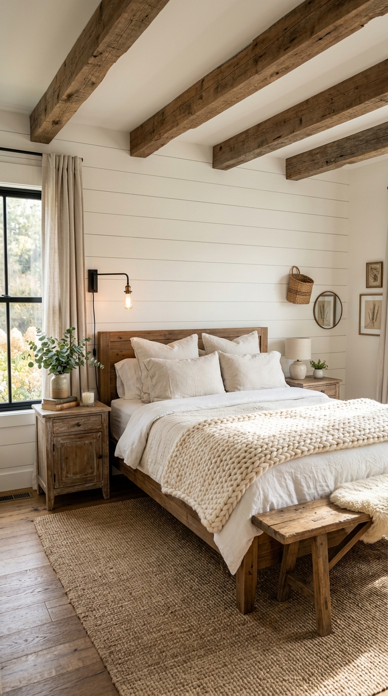 Cozy farmhouse bedroom ideas with rustic decor and warm neutral styling