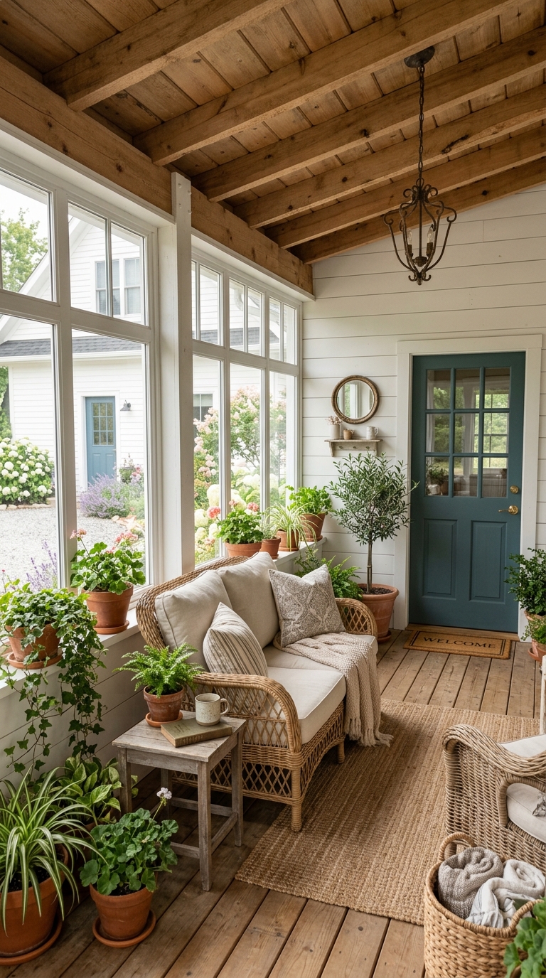Farmhouse-style enclosed front porch idea with shiplap walls and wicker furniture