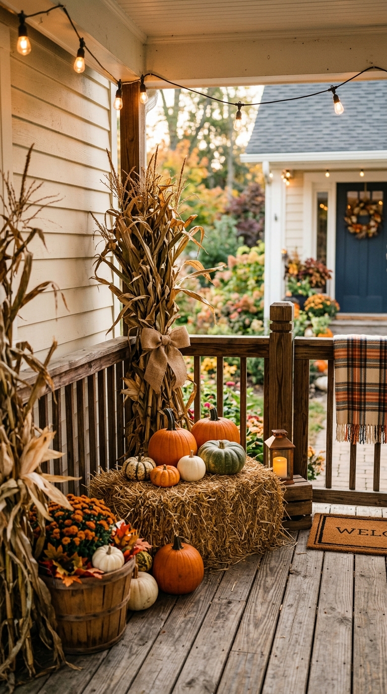 Hay bale and cornstalks styled with pumpkins for a farmhouse fall front porch.