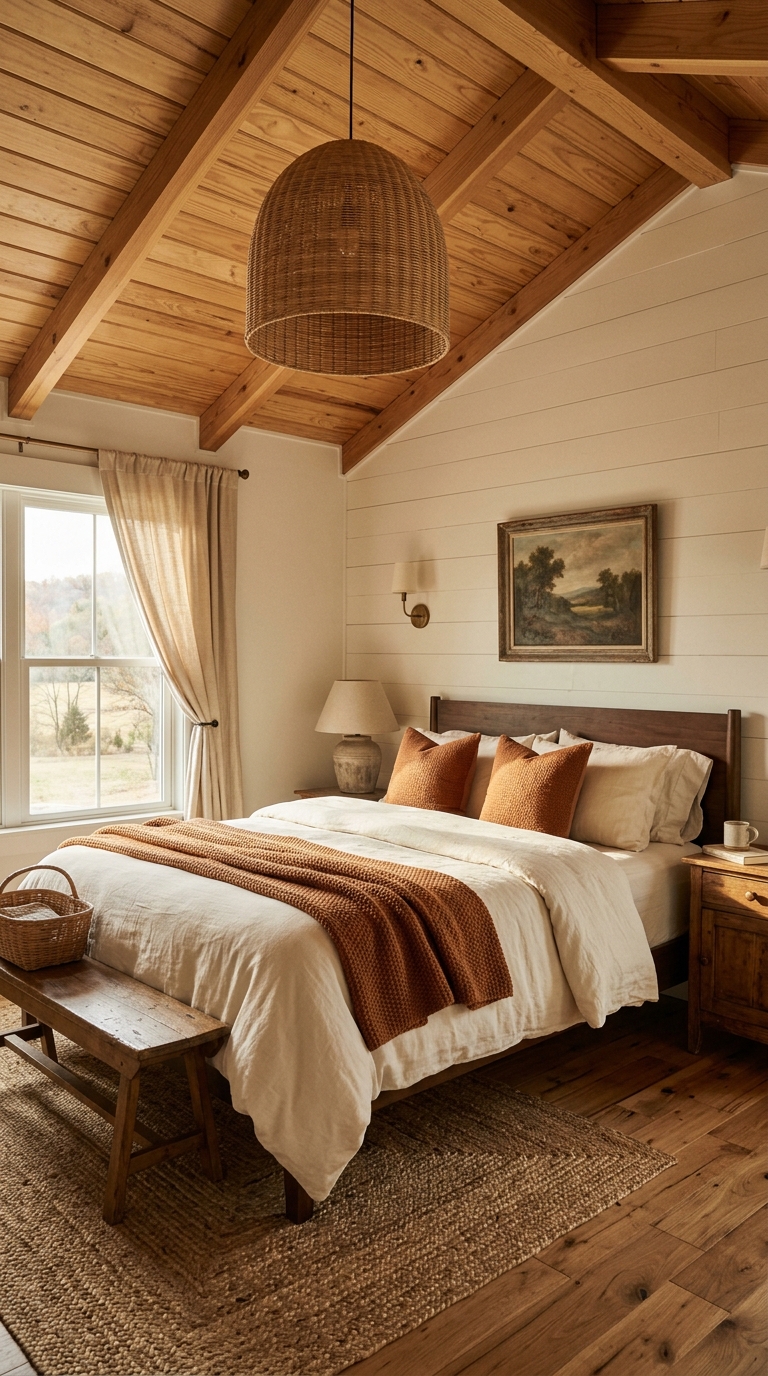 Natural pine plank vaulted ceiling in a farmhouse bedroom with woven pendant light