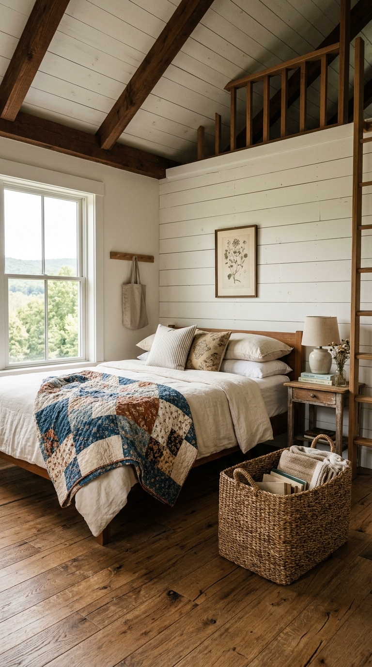 Farmhouse loft bedroom with shiplap accent wall and quilted bedding