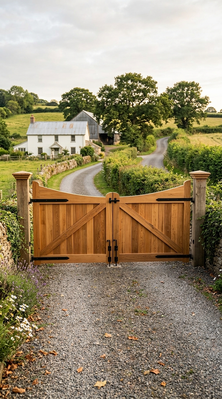Farmhouse-style wooden swing driveway gate