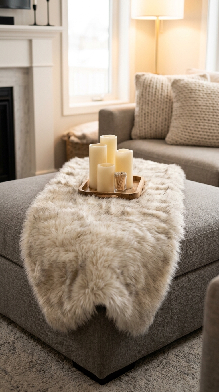 Faux fur runner styled across an ottoman coffee table for cozy texture