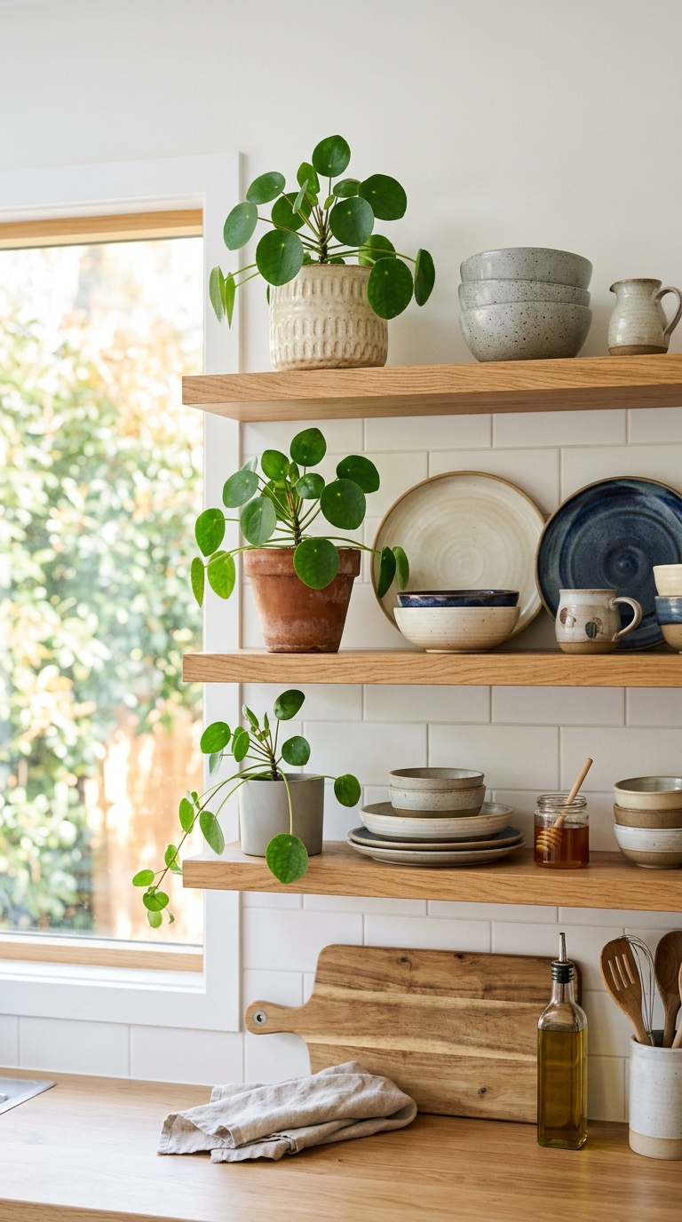 Faux money plant in a ceramic pot styled on a kitchen counter.