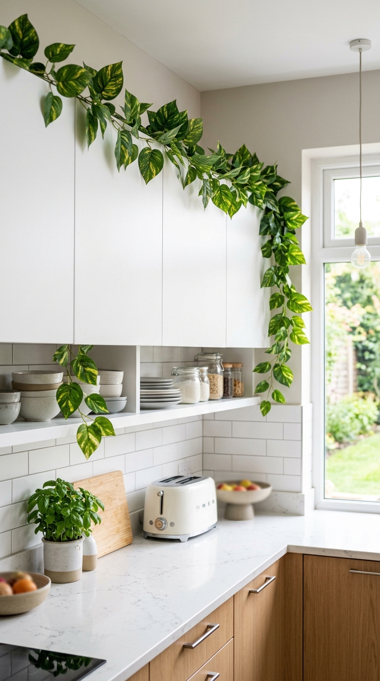 Artificial money plant garland draped along kitchen cabinet edges