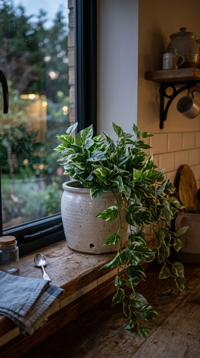 Faux trailing plant styled on a low-light kitchen windowsill
