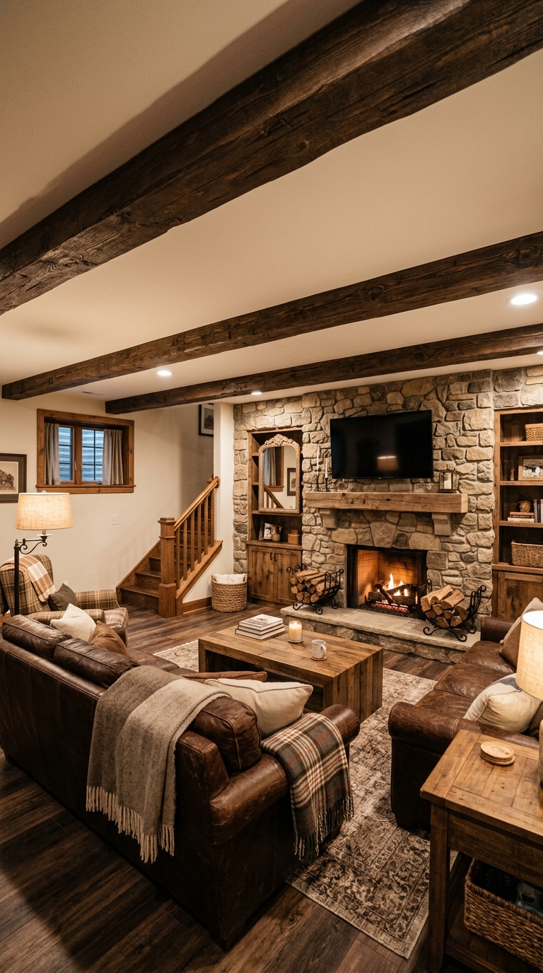 Faux wood ceiling beams in a rustic basement family room