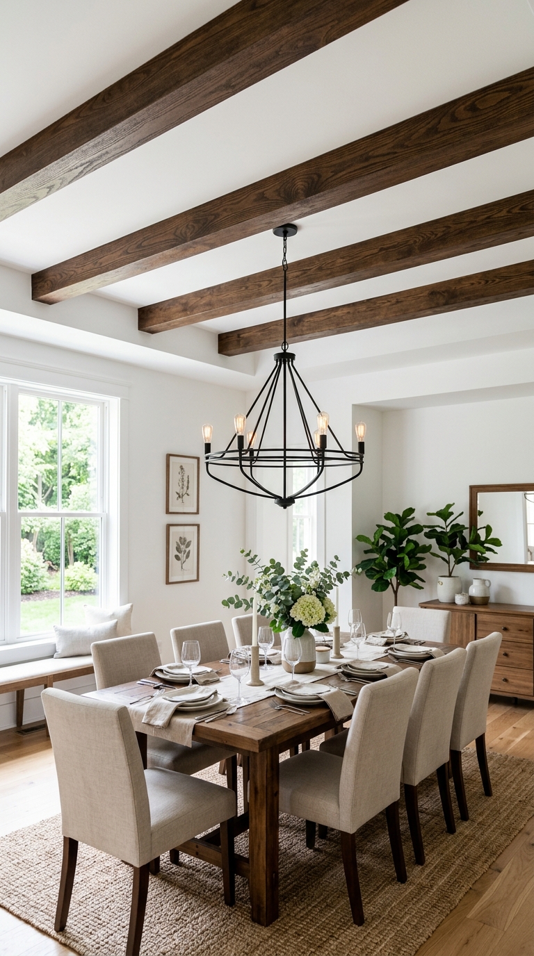 Dark walnut faux wood beams on a white ceiling in a bright dining room