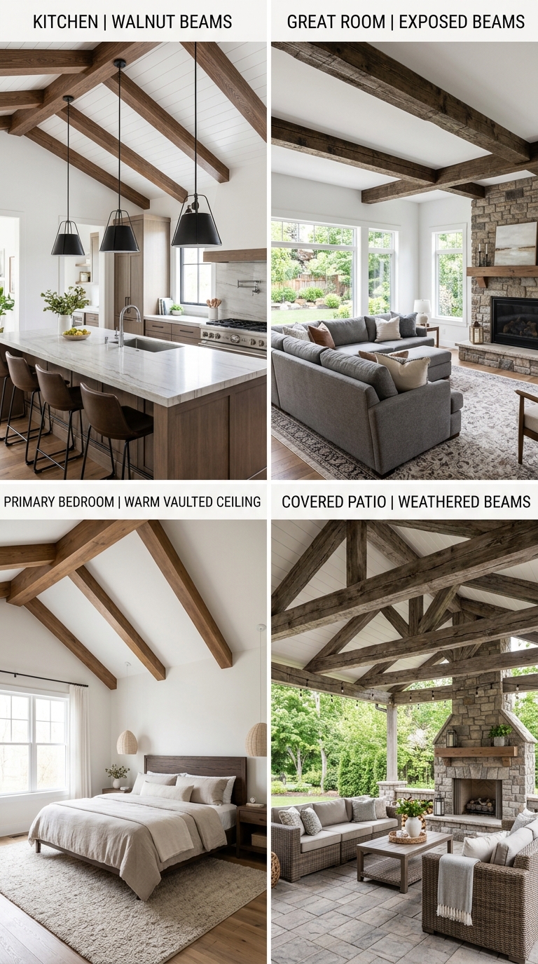 Open-concept kitchen with lightweight faux wood beams installed across a white ceiling.