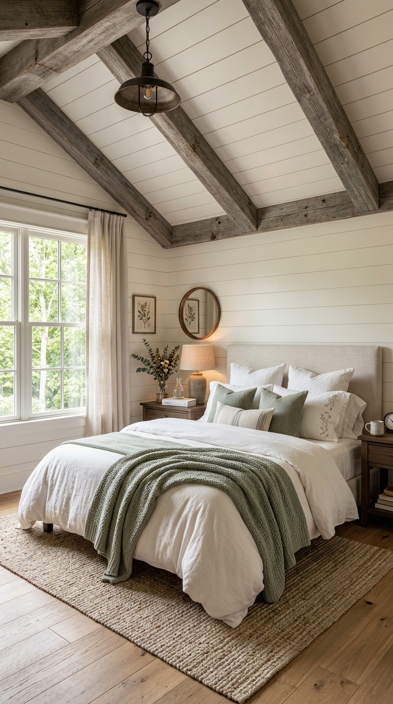 Budget-friendly faux wood beams on a vaulted bedroom ceiling styled with warm white and sage decor