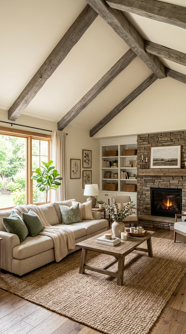 Faux weathered wood beams on a cream vaulted ceiling in a cozy family room