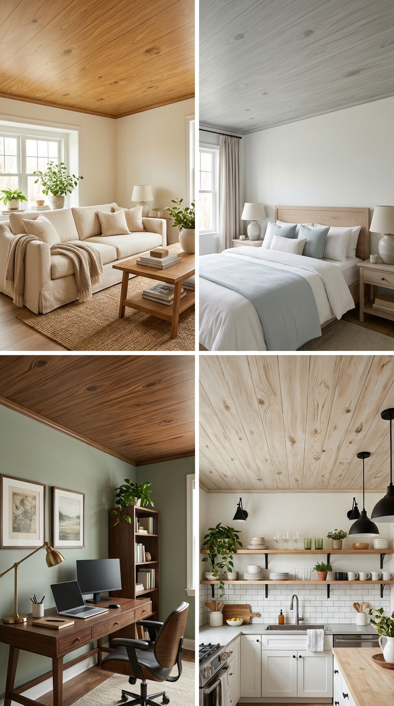 Living room featuring a honey-oak faux wood-grain painted ceiling finish with cream furnishings.