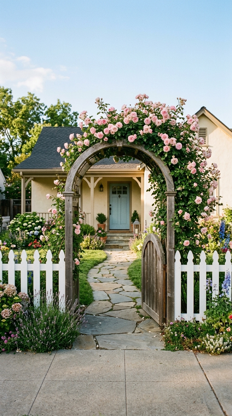 Front yard fence idea with an arched garden gate and climbing roses