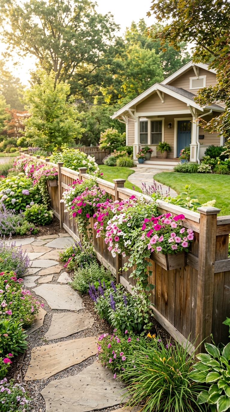 Front yard fence idea with built-in flower planter boxes