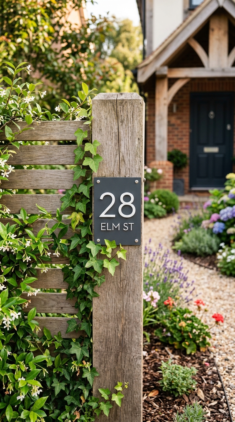 Front yard fence idea with house number display detail