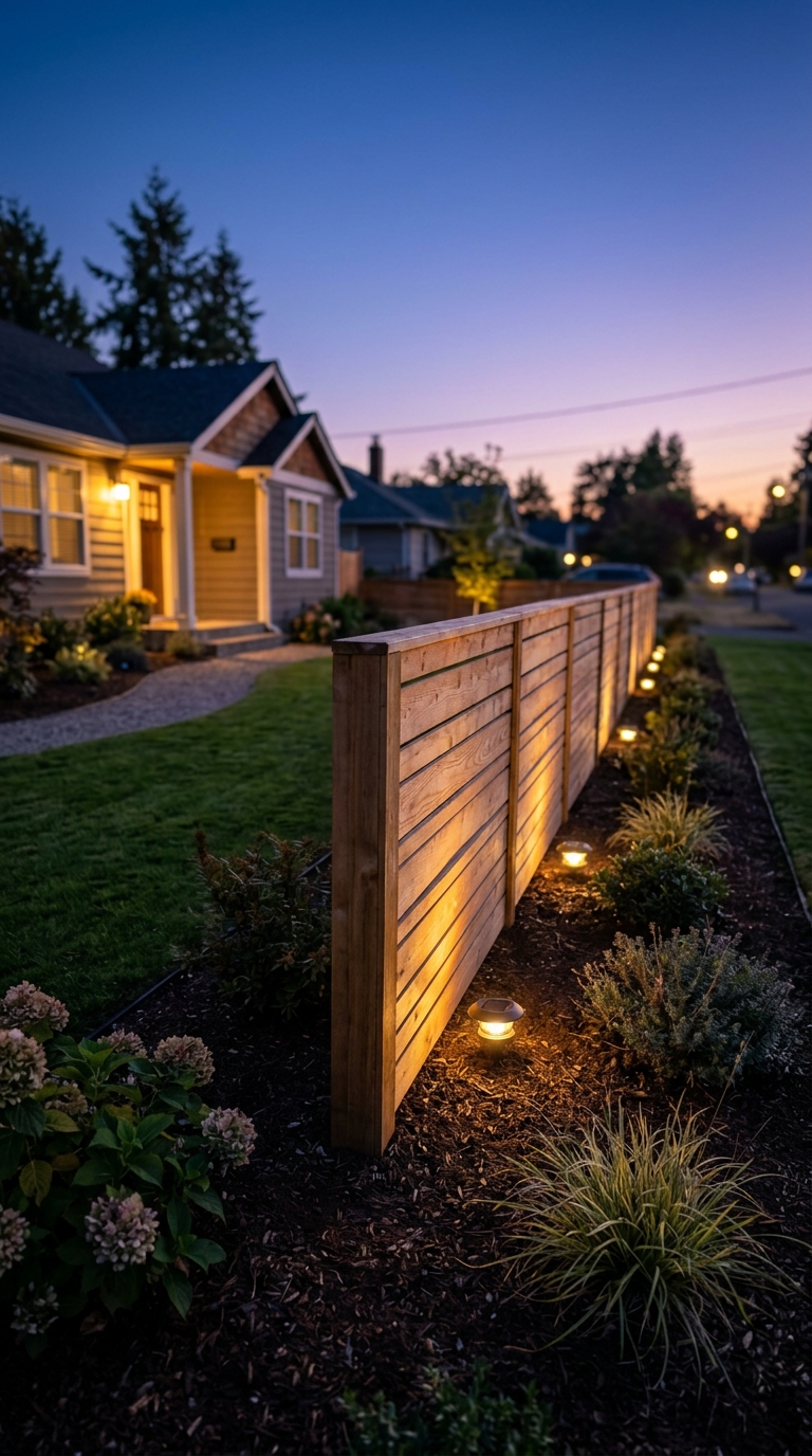 Front yard fence idea with uplighting for nighttime curb appeal