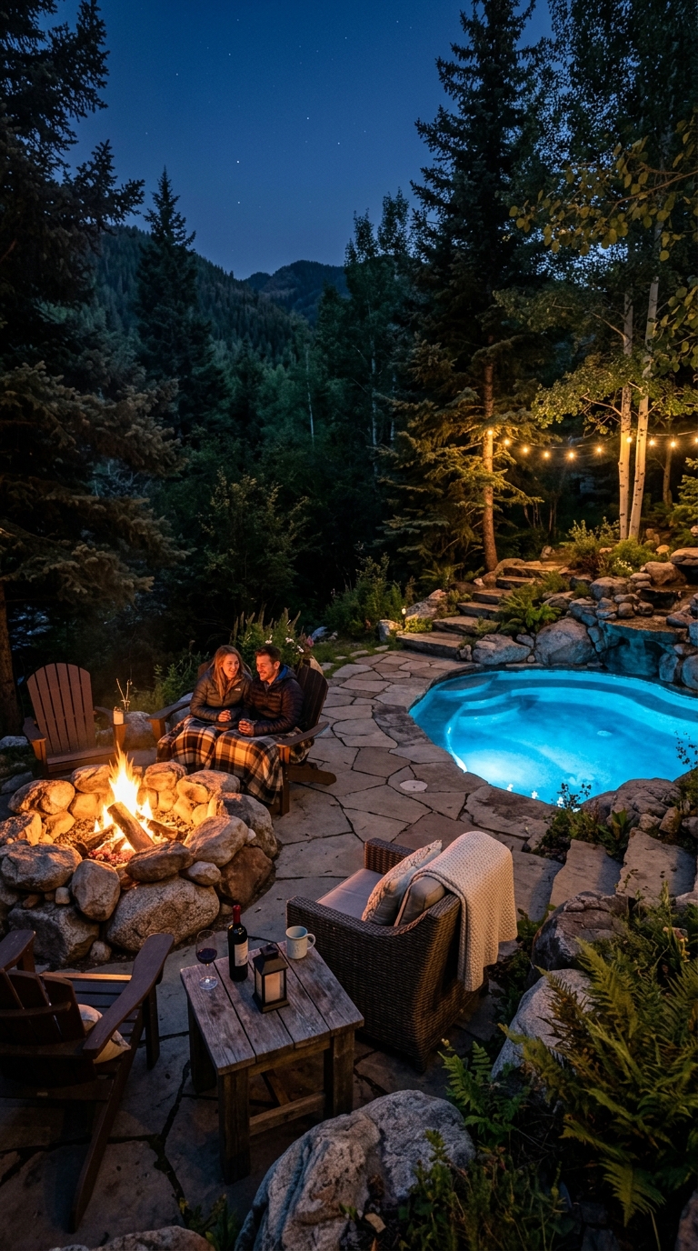 Natural rock pool with a built-in boulder firepit lounge area