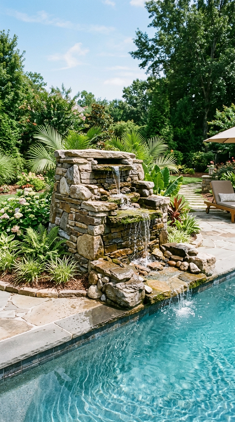Raised natural rock waterfall design for a flat backyard pool