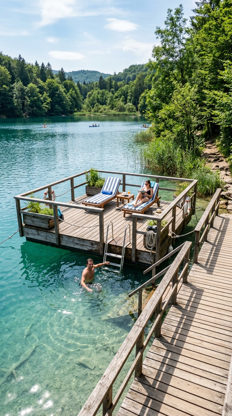 Floating natural swimming pond with wooden dock and lounge chairs