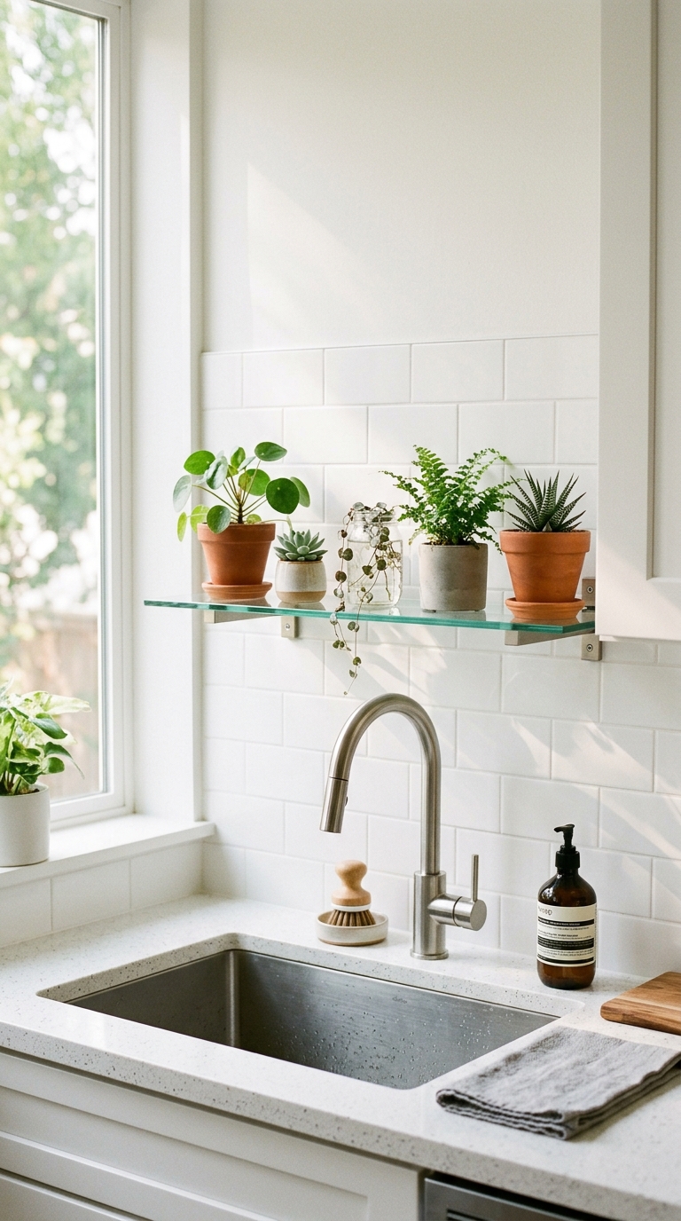 Floating glass shelf with small plants installed above a kitchen sink