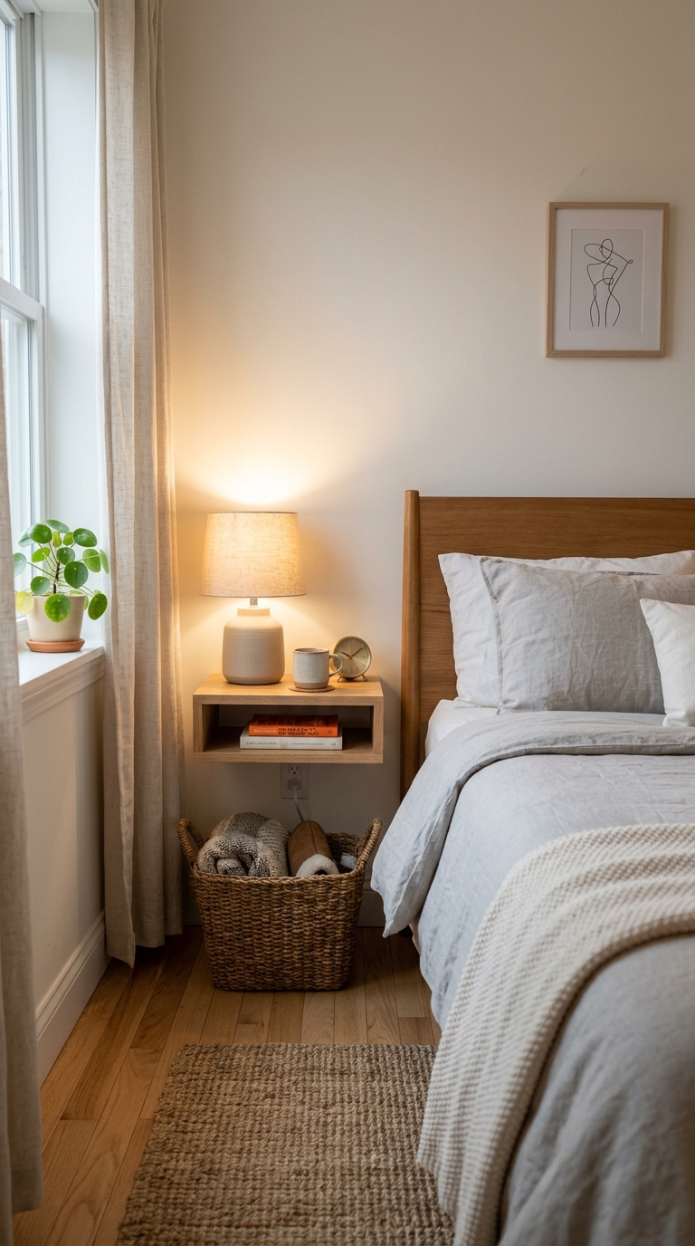 Floating wall-mounted nightstand in small bedroom