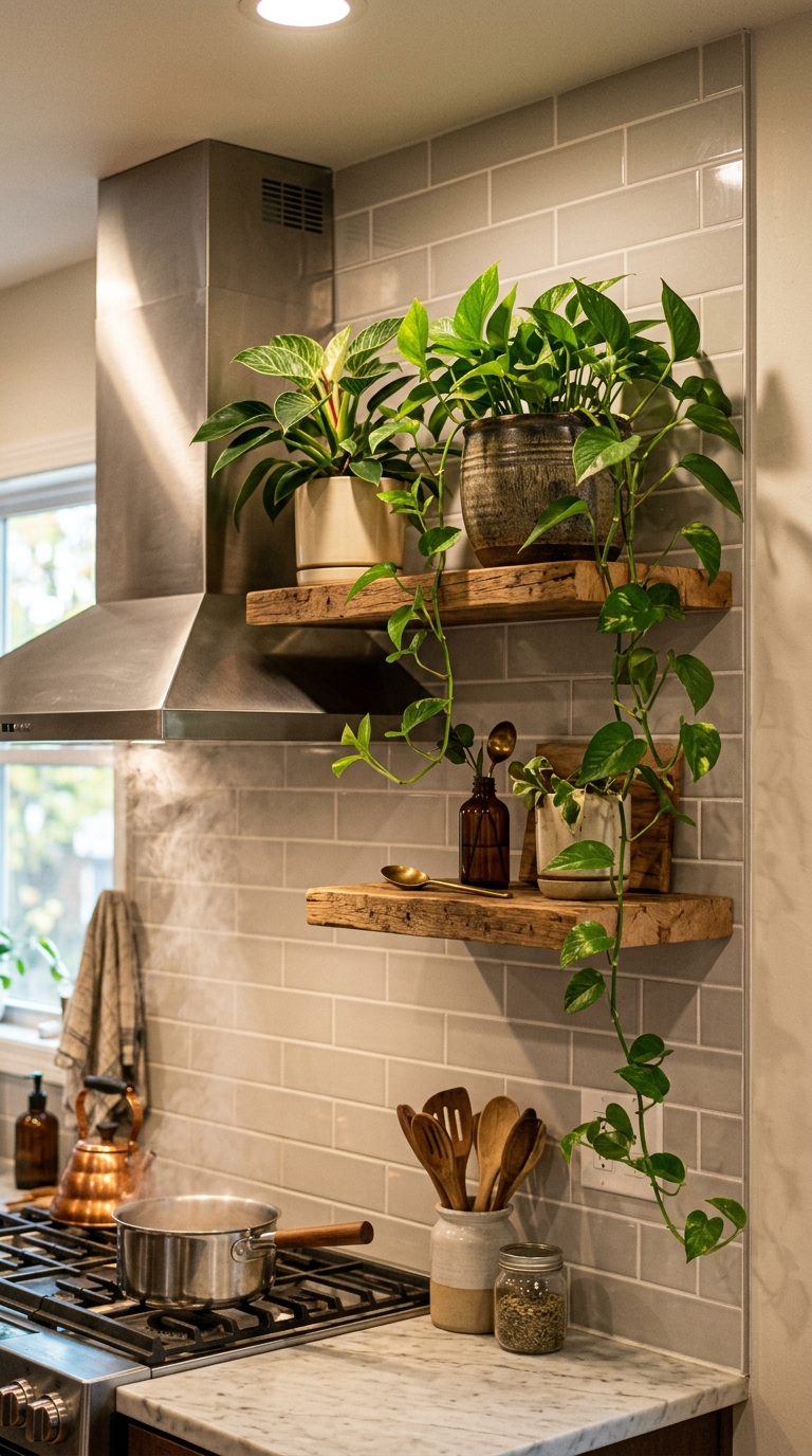 Floating shelf with potted plants displayed near the kitchen stove