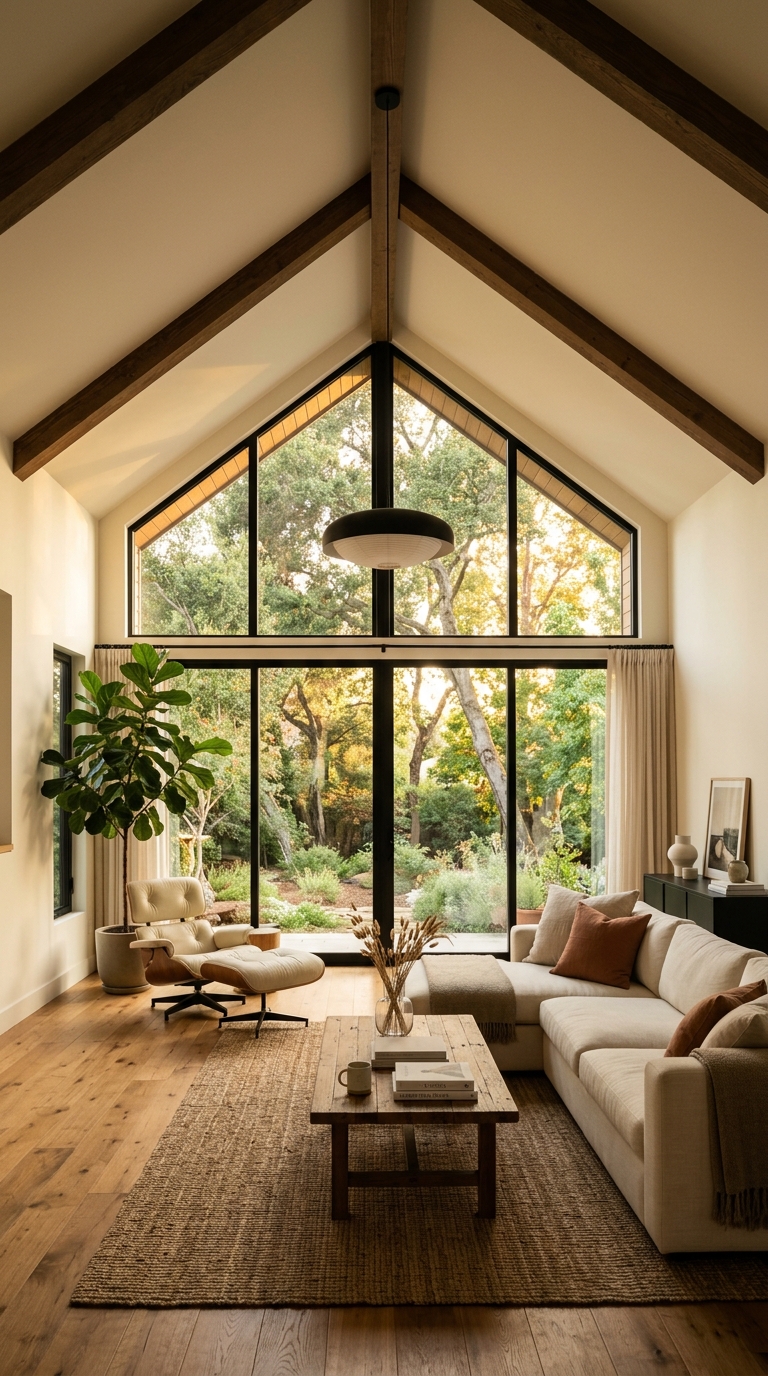 Floor-to-ceiling windows following a vaulted ceiling slope in a modern living room