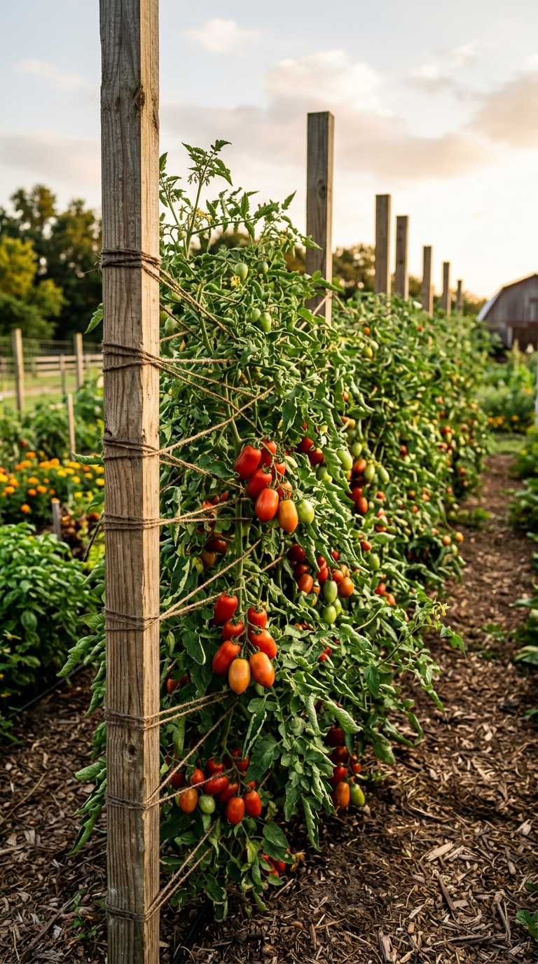 Florida weave stake and twine tomato trellis supporting a row of tomato plants