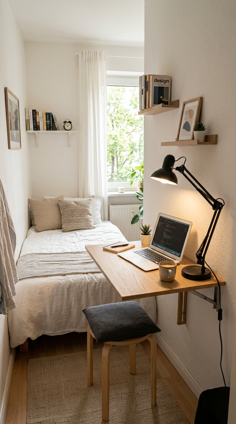 Fold-down wall-mounted desk in small bedroom