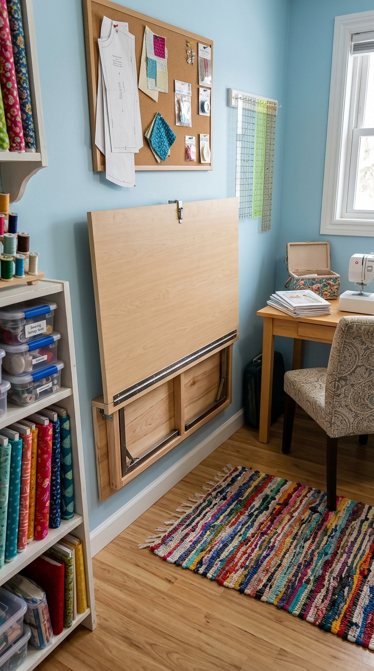 Fold-down wall-mounted cutting table for small sewing room
