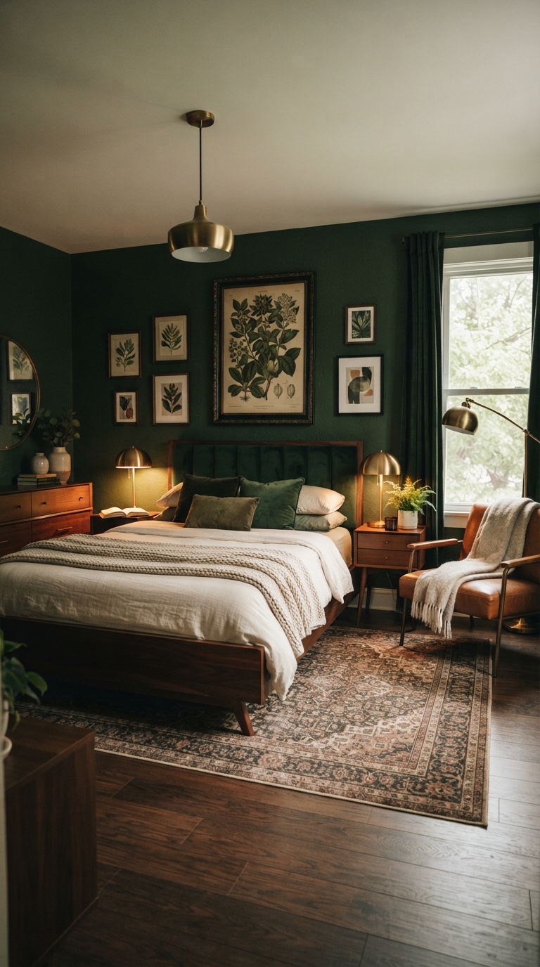Forest green bedroom walls bringing a rich, calming woodland feel
