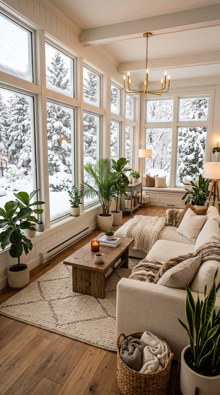 Four-season enclosed porch sunroom idea with climate control and cozy seating