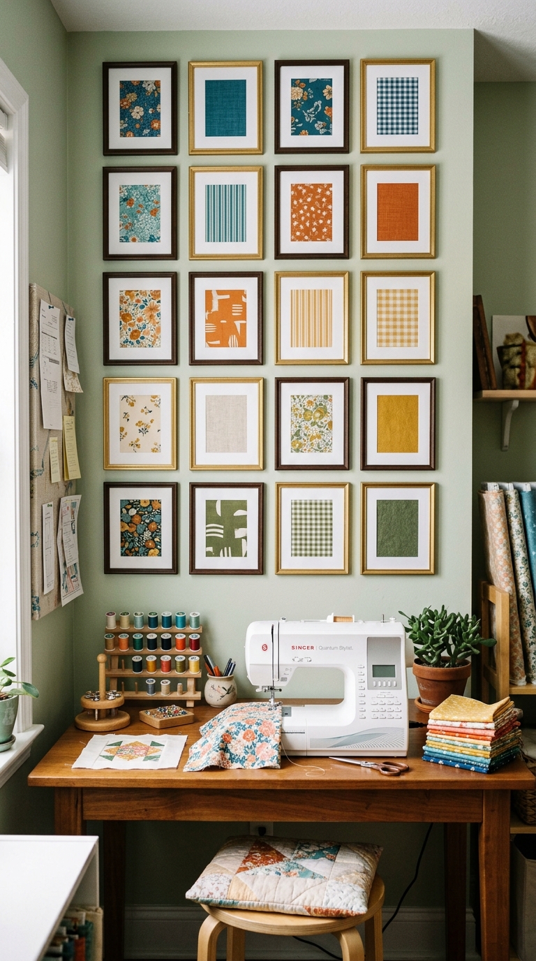 Framed fabric swatch gallery wall decor in sewing room