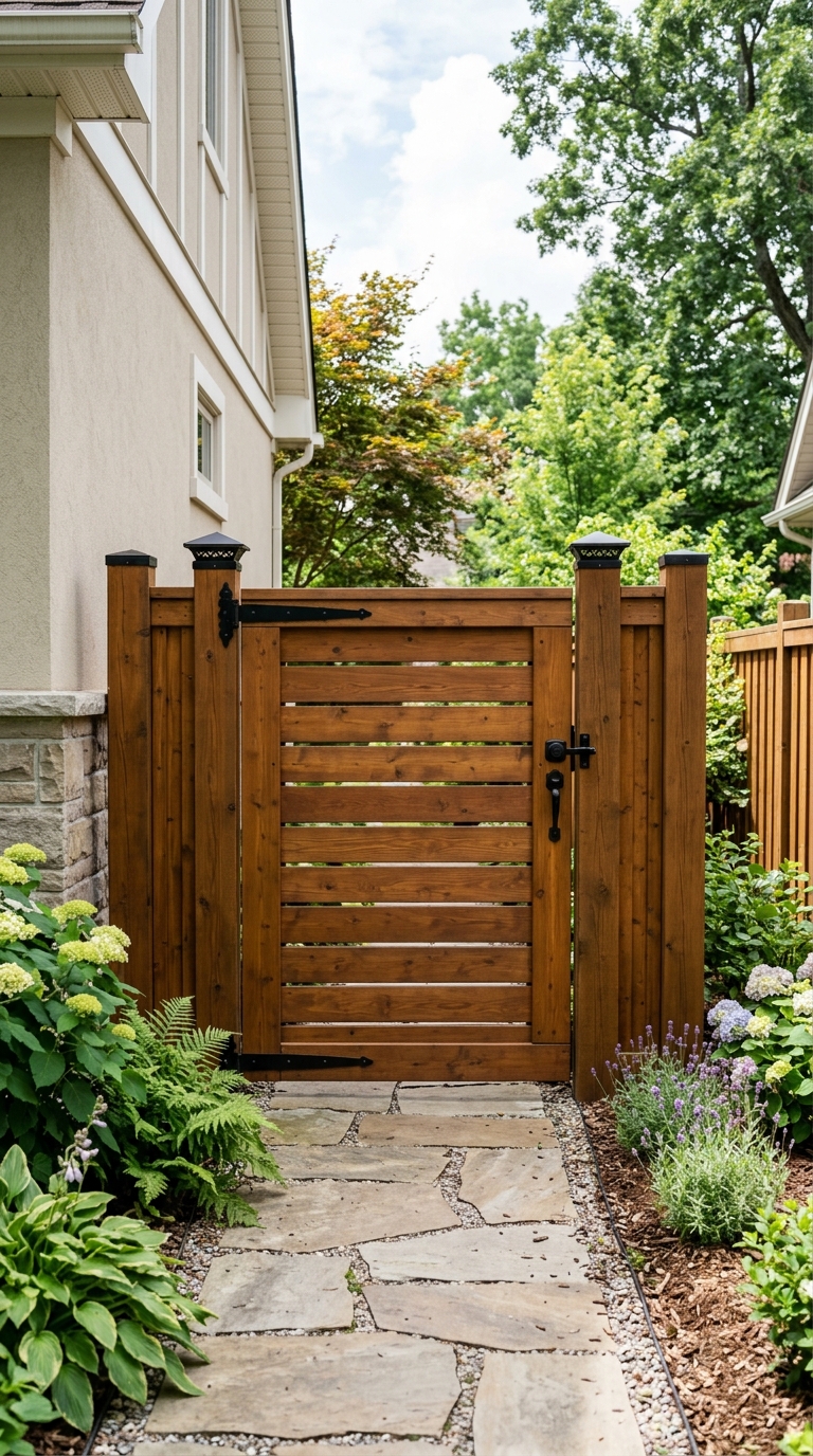 Framed side yard gate idea with intentional design details for curb appeal