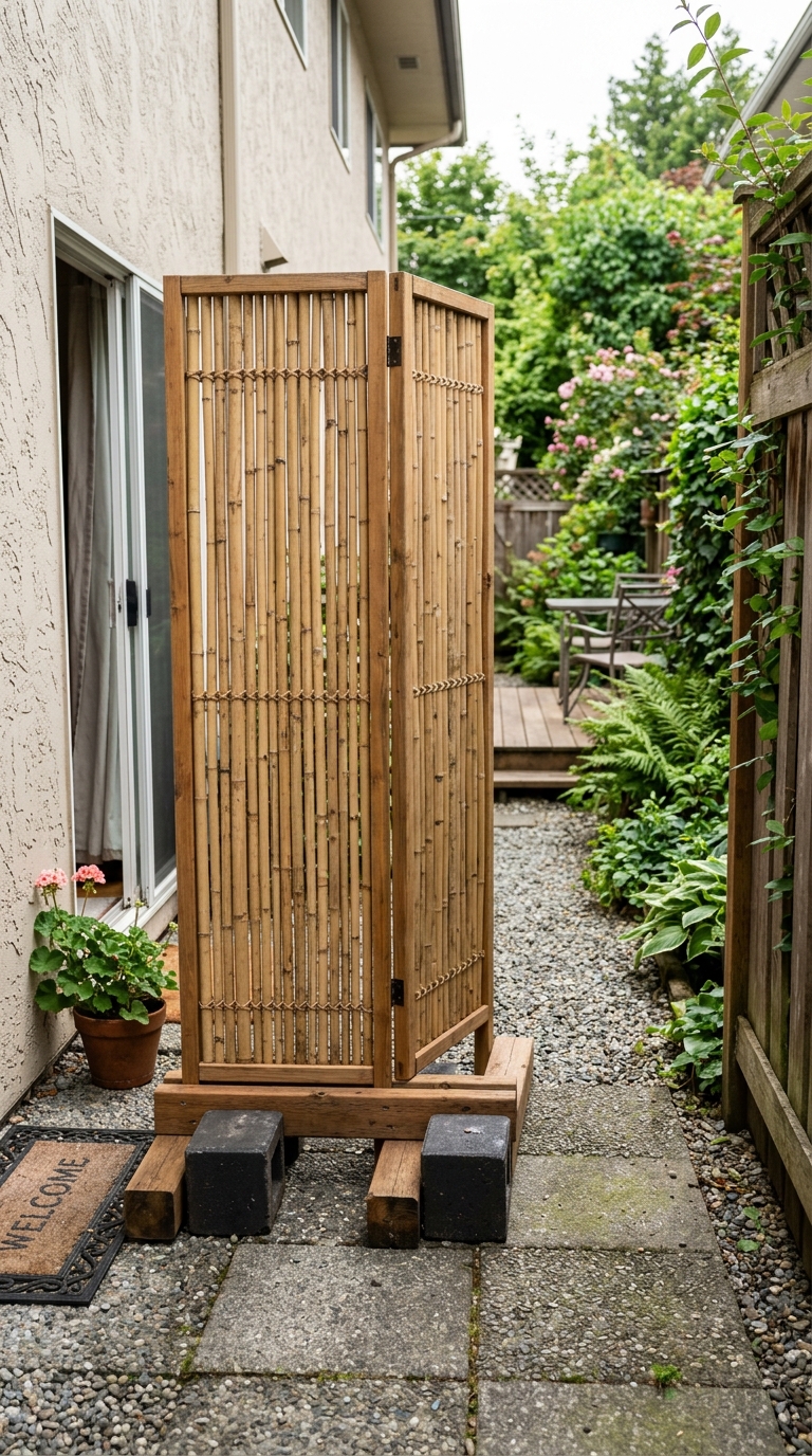 Freestanding bamboo privacy screen idea for renters needing a non-permanent gate solution