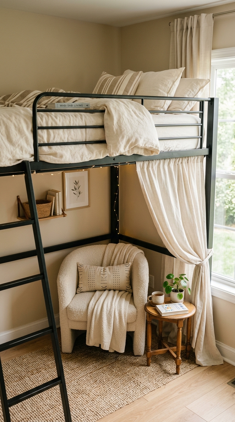 Freestanding metal loft bed frame with seating area underneath for renters