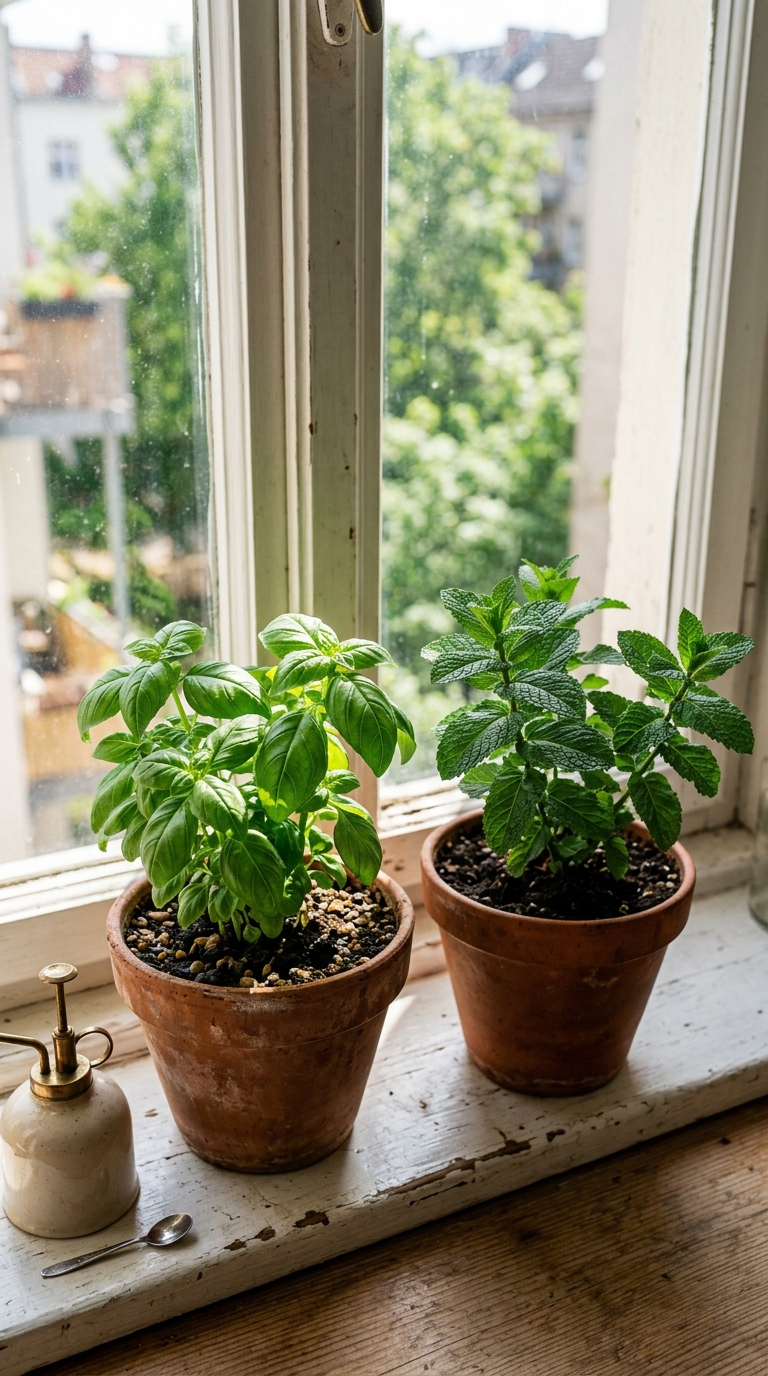 Fresh herbs in terracotta pots on an apartment kitchen windowsill