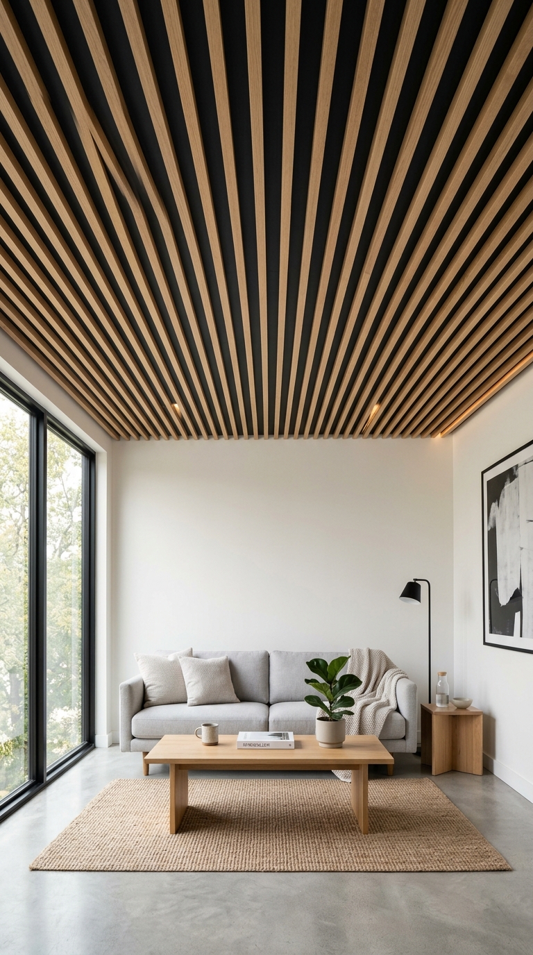 Modern accent ceiling made with wood furring strips