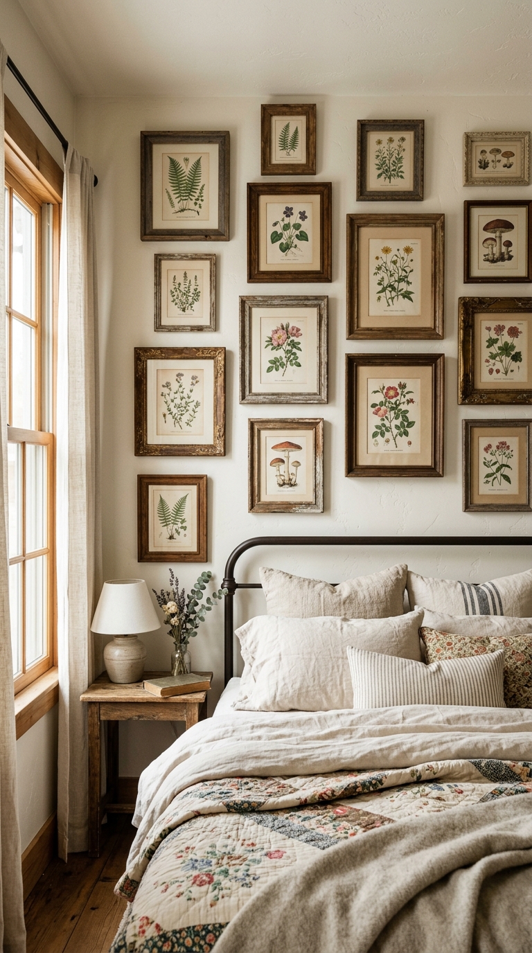 Gallery wall with vintage frames and botanical prints in a farmhouse bedroom