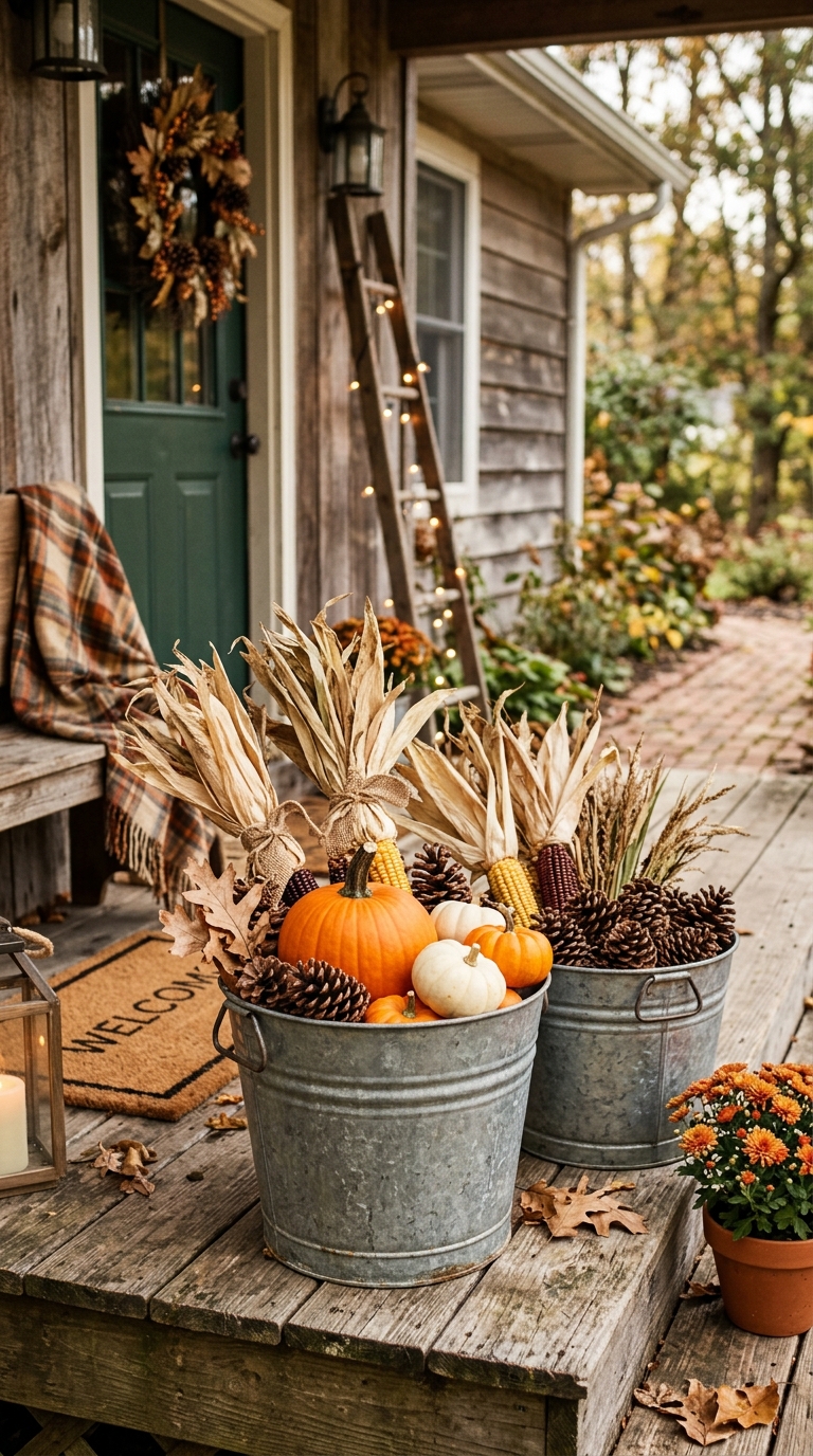Galvanized metal buckets with pinecones and pumpkins for fall porch decor.