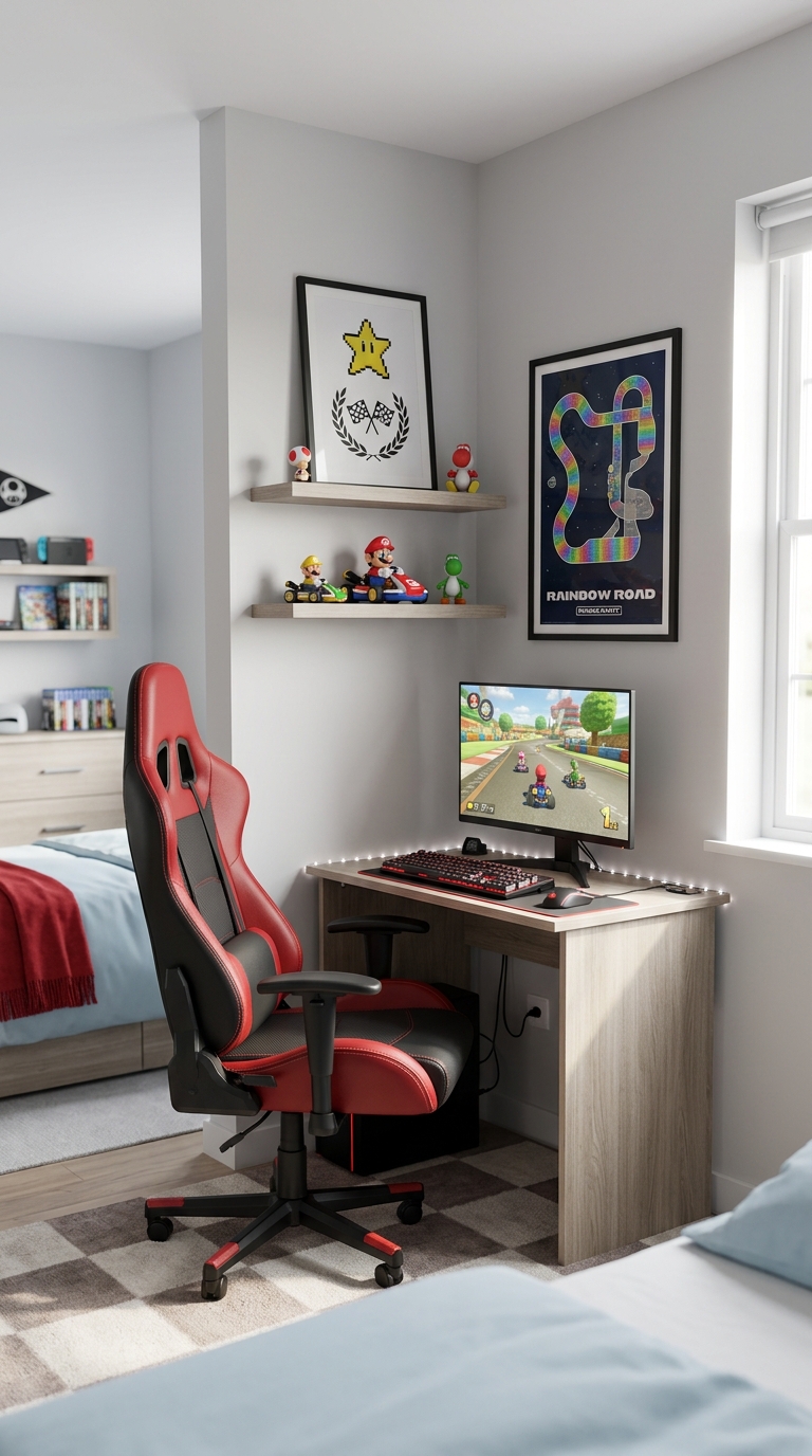 Racing style gaming chair in a Mario Kart themed bedroom nook